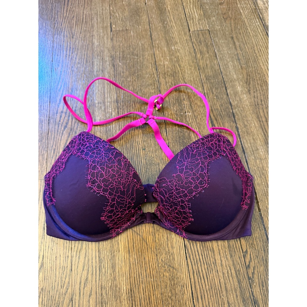 Victoria's Secret Very Sexy Push-Up Bra 32D Purple Pink Lace Strappy Front Close